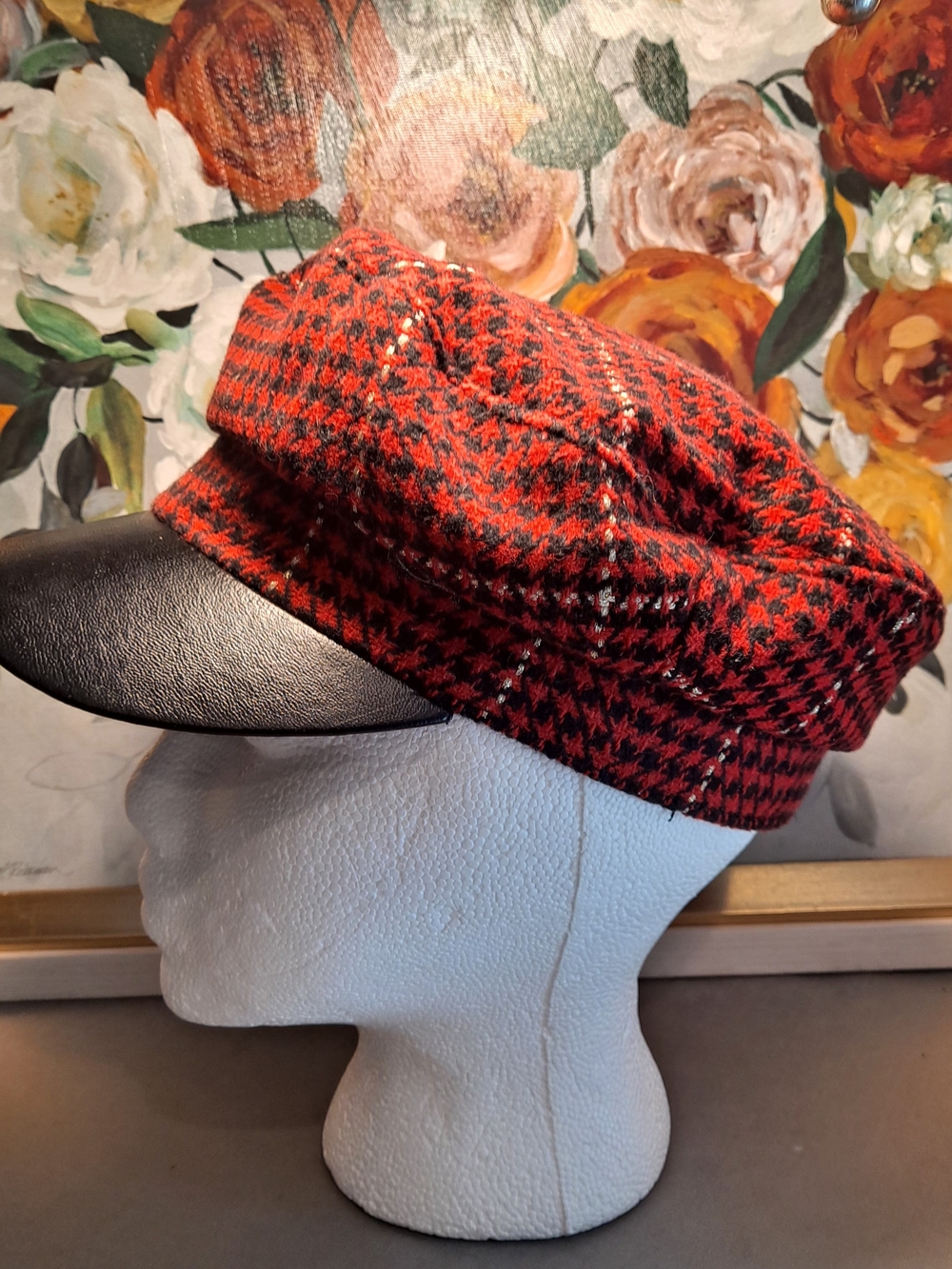 Cato Red Black Silver Houndstooth Newsboy Cabbie Cap with Black Faux Visor